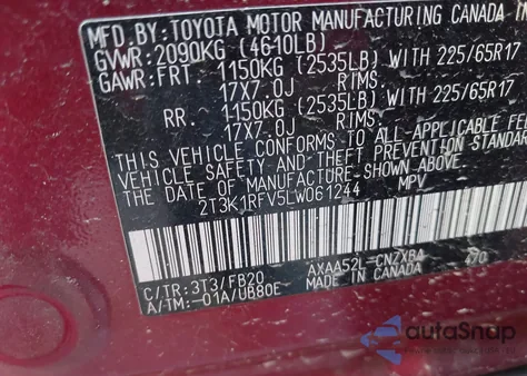 2020 Toyota Rav4 Le из США, поврежденный, VIN 2T3K1RFV5LW061244